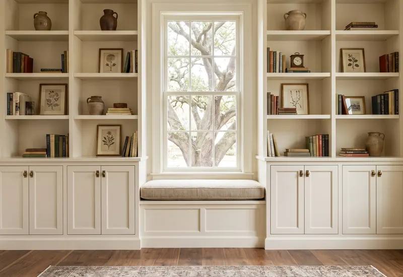 Floor to ceiling painted built-in bookcase with lower cabinets flanking a window seat