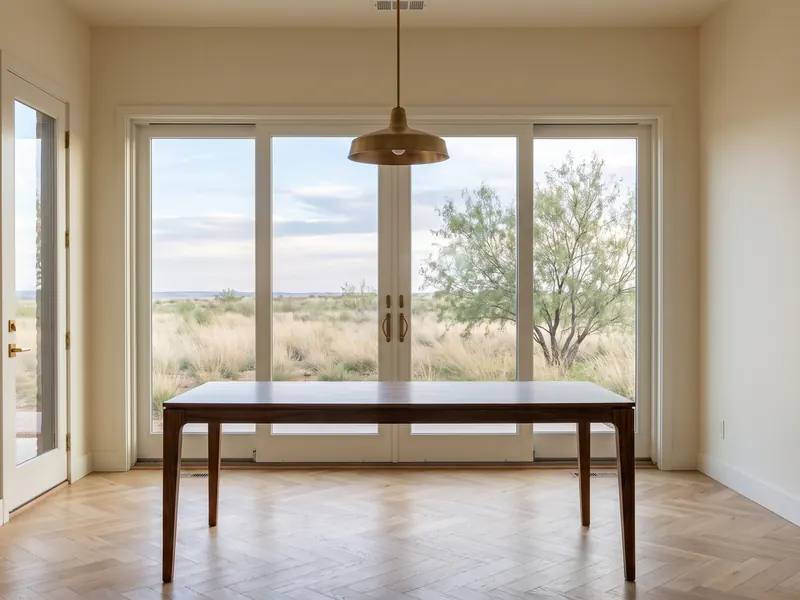 Herringbone oak floor in a dining room with a view of native grasses and big sky through glass doors
