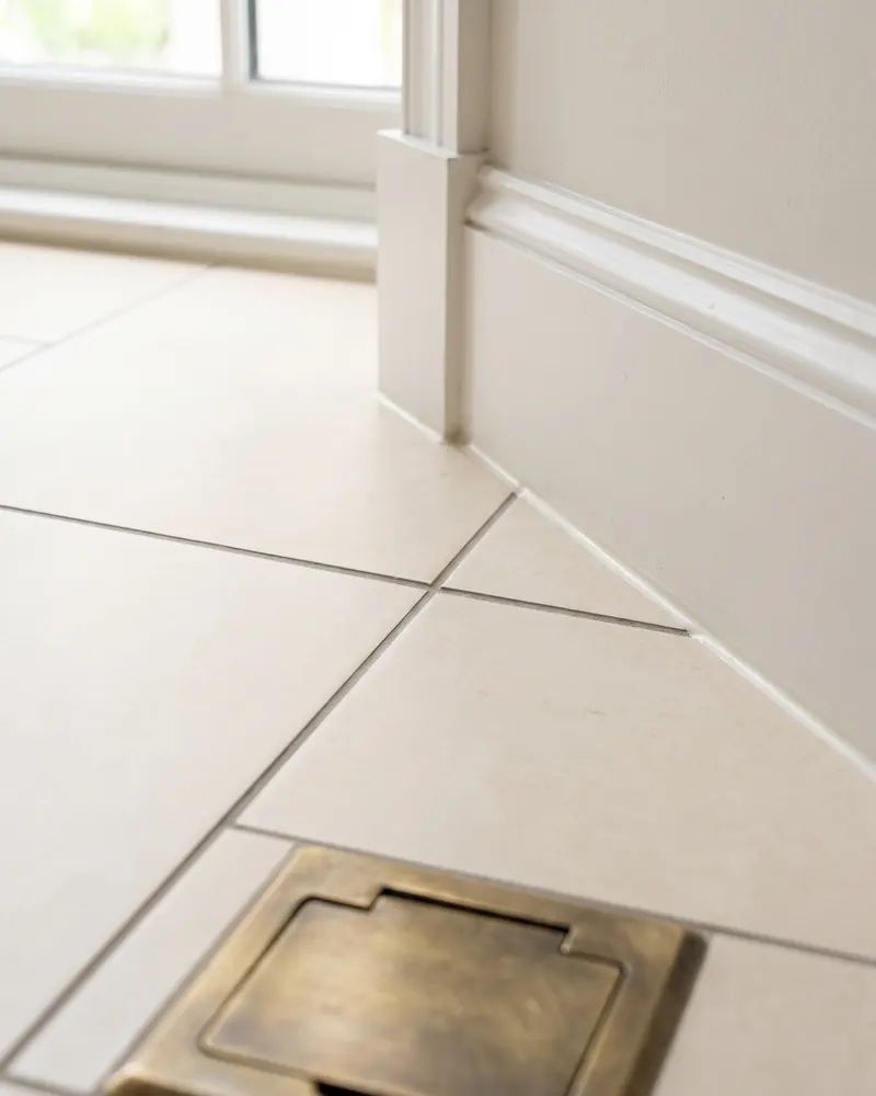 Close view of a tile floor corner showing a color-matched flexible joint beneath white baseboard