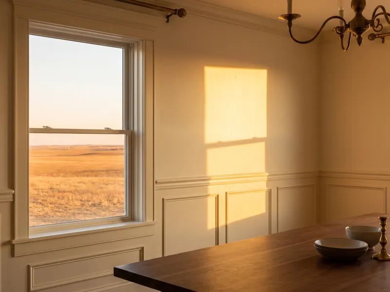 Dining room wainscot lit by low west sun through a window with a view of open plains