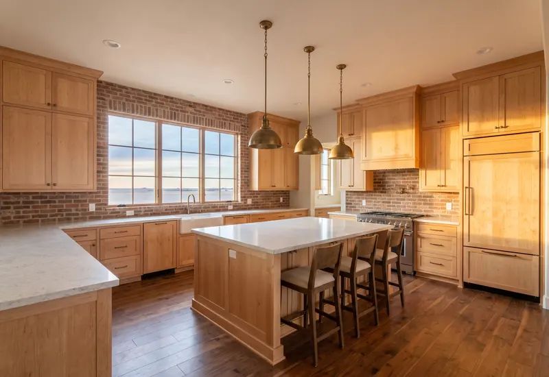 Finished kitchen with warm birch cabinets, pale quartz counters and a wide island in morning light