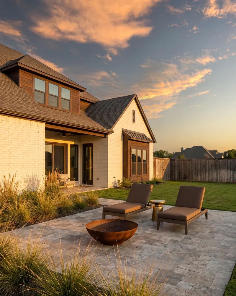 New brick home in Wolfforth with a paver patio and steel fire bowl under a wide evening sky