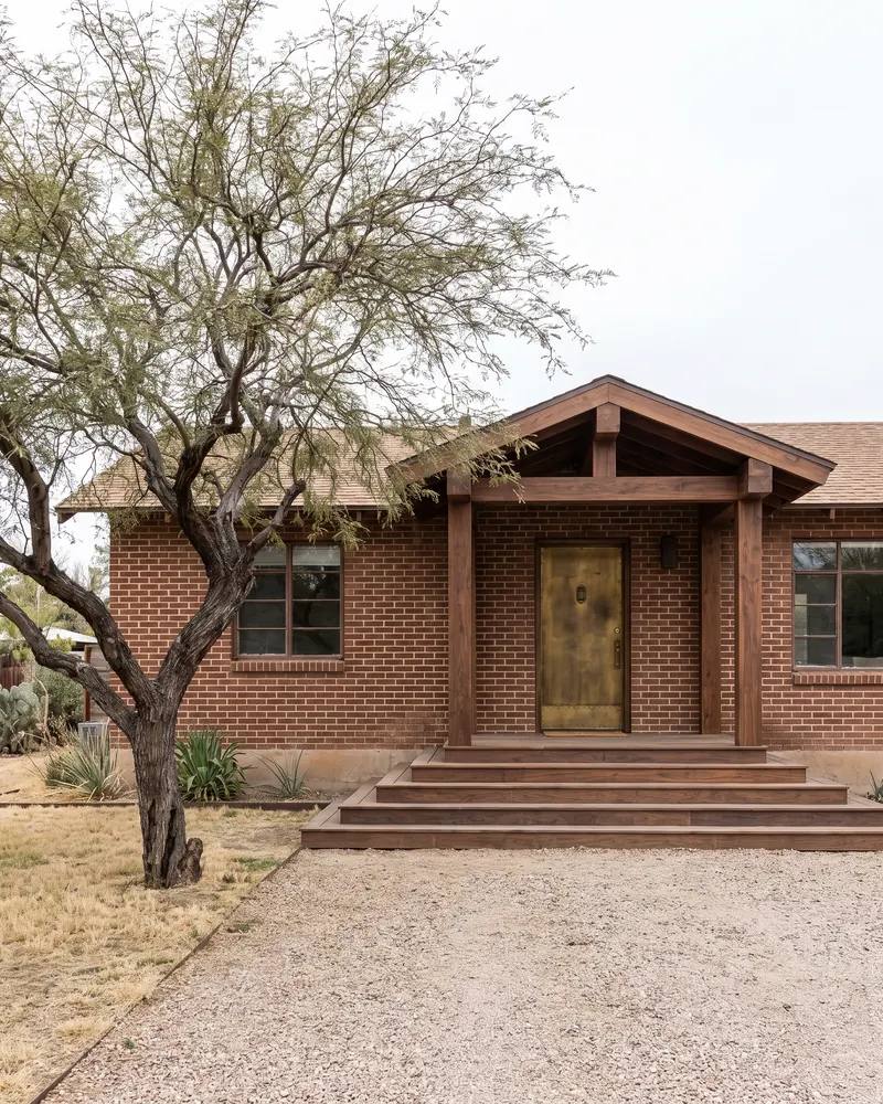 Older brick home in a small West Texas town with a new timber framed entry and wide wood steps