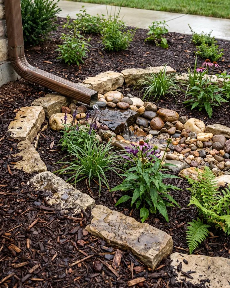 Close view of a rock-lined rain basin below a downspout, with mulch, limestone and young plants after rain