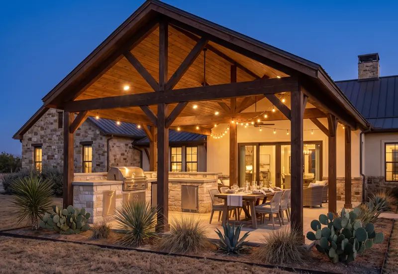 Timber pavilion with an outdoor kitchen and dining table attached to a stone home at dusk