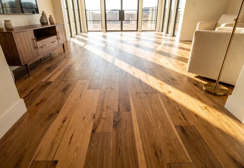 Sunlit living room with wide hickory hardwood flooring running toward tall windows