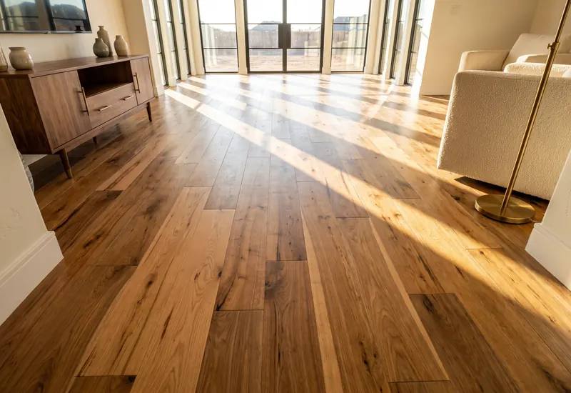 Sunlit living room with wide hickory hardwood flooring running toward tall windows