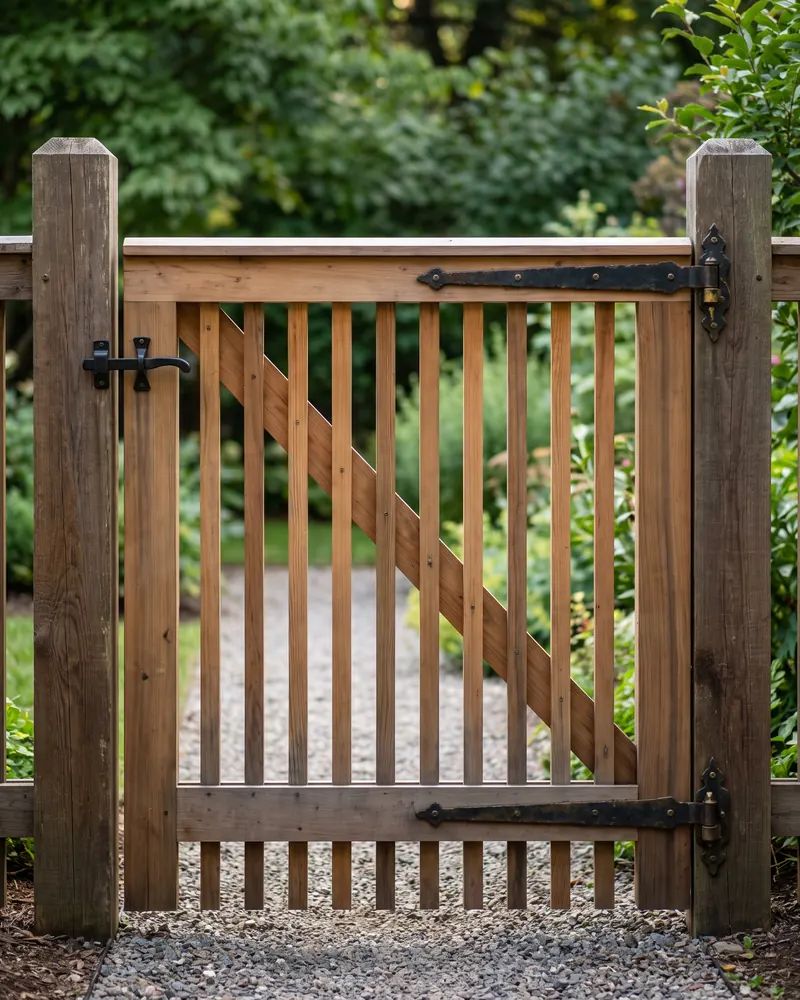 Close view of a custom cedar garden gate with a diagonal brace, black strap hinges and a steel latch