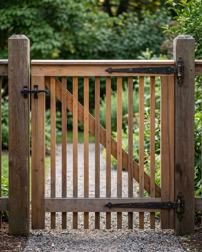Close view of a custom cedar garden gate with a diagonal brace, black strap hinges and a steel latch