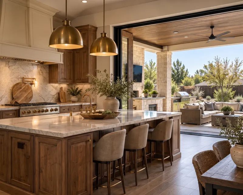 Warm custom kitchen with a marble island and brass pendant lights opening onto a covered stone patio with an outdoor kitchen