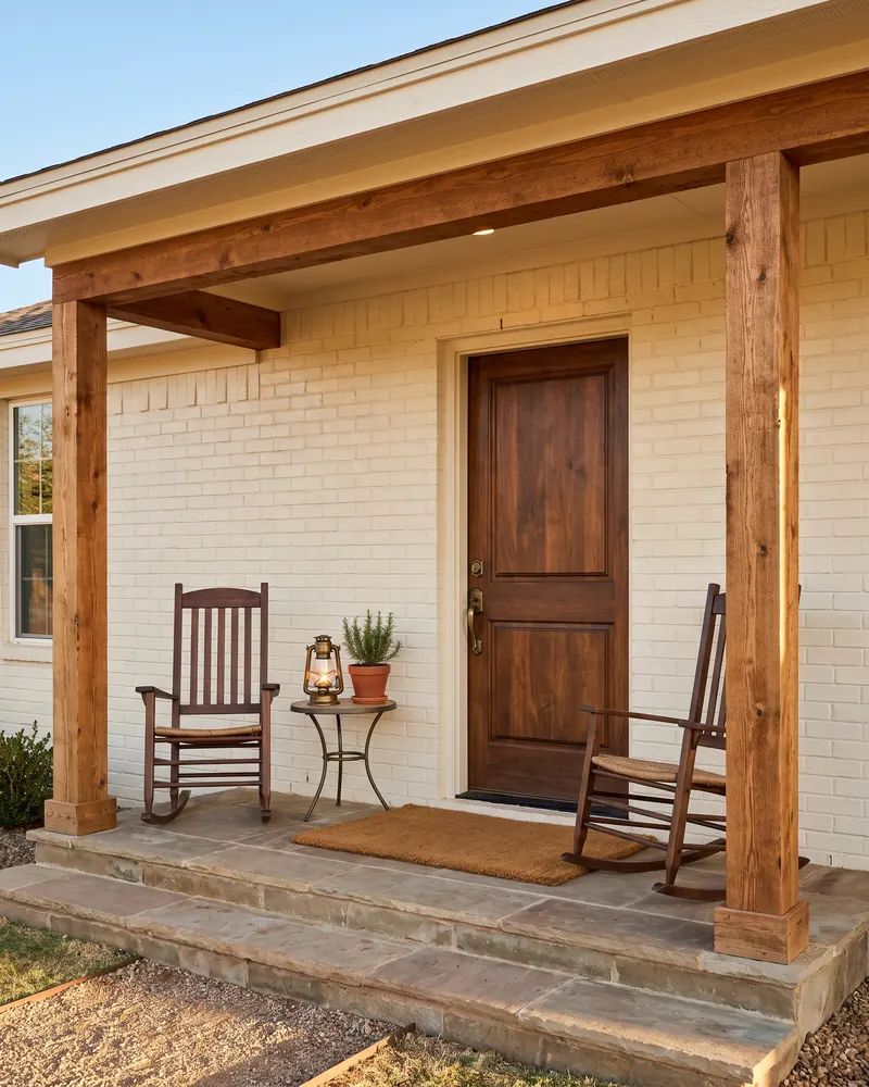 Front porch of a painted brick home with a stained wood door, cedar posts, and two rocking chairs