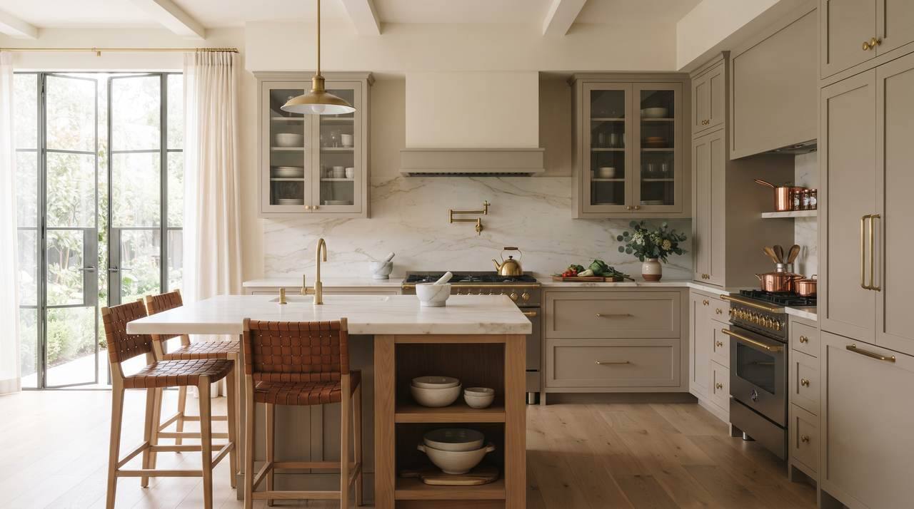 Kitchen with painted taupe shaker cabinets, brass hardware, and a marble backsplash