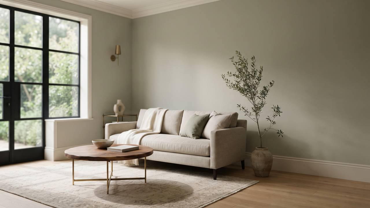 Living room with sage-green painted walls, a cream linen sofa, and black-framed French doors