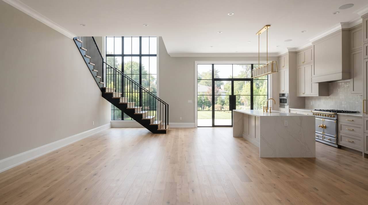 New-construction great room with painted walls, a floating black staircase, and a kitchen with a marble island