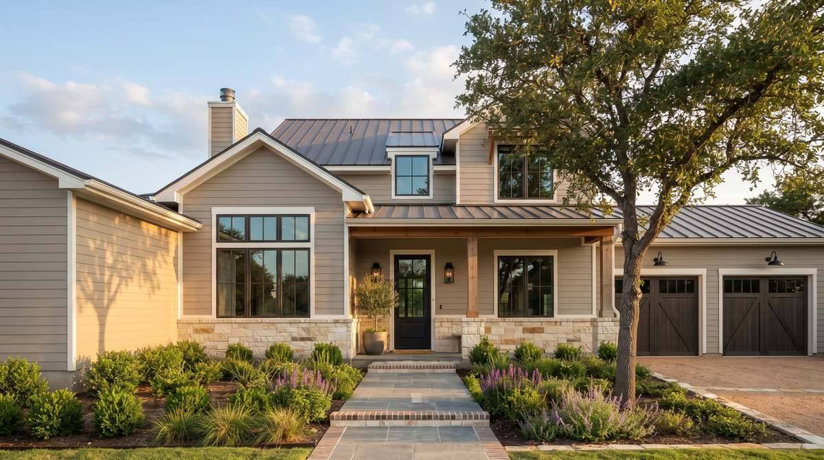 Two-story hill-country home with painted greige HardiePlank siding, stone accents, and a standing-seam metal roof