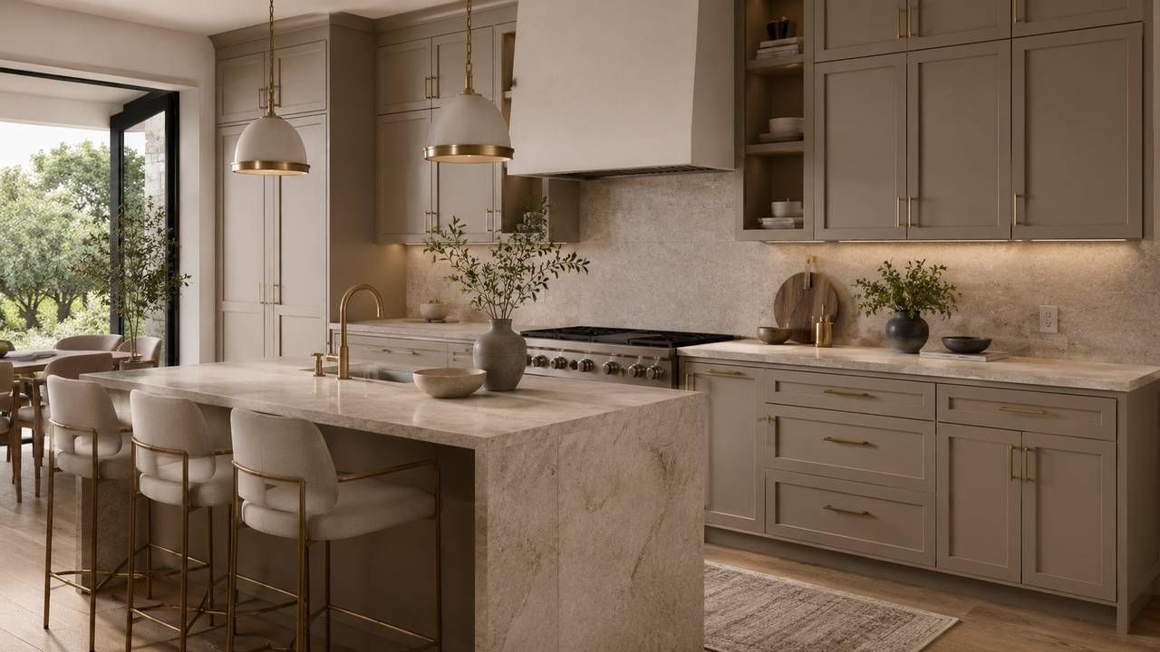 Kitchen with painted taupe cabinetry, brass hardware, and a stone waterfall island