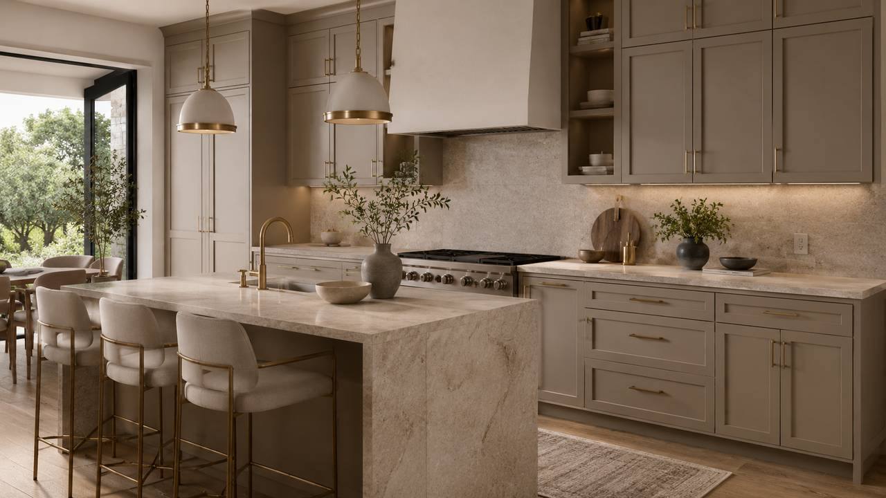 Kitchen with painted taupe cabinetry, brass hardware, and a stone waterfall island
