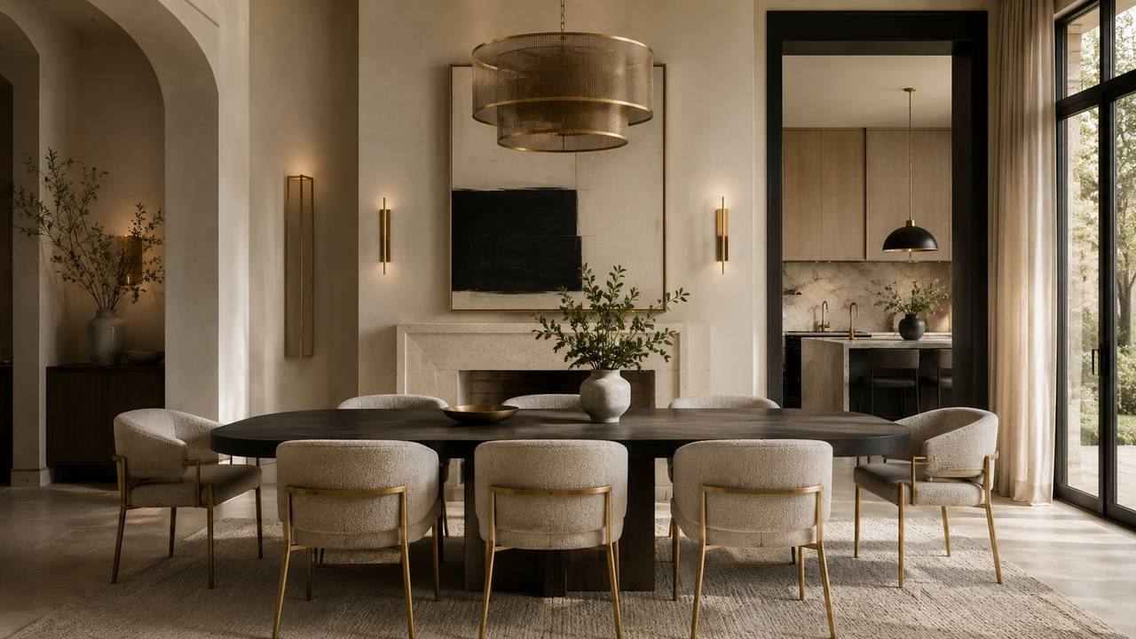 Dining room with warm greige painted walls, an oval wood table, and a stone fireplace