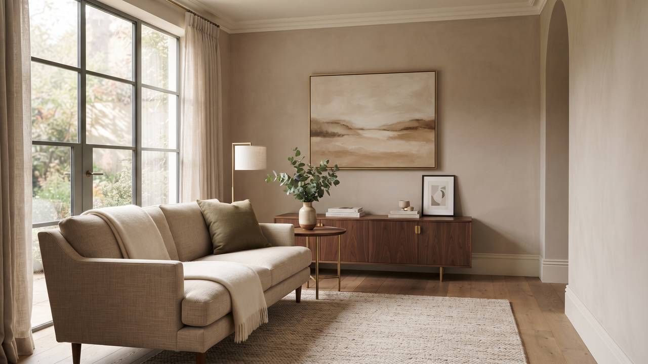 Living room with warm taupe painted walls, a cream sofa, and a walnut sideboard
