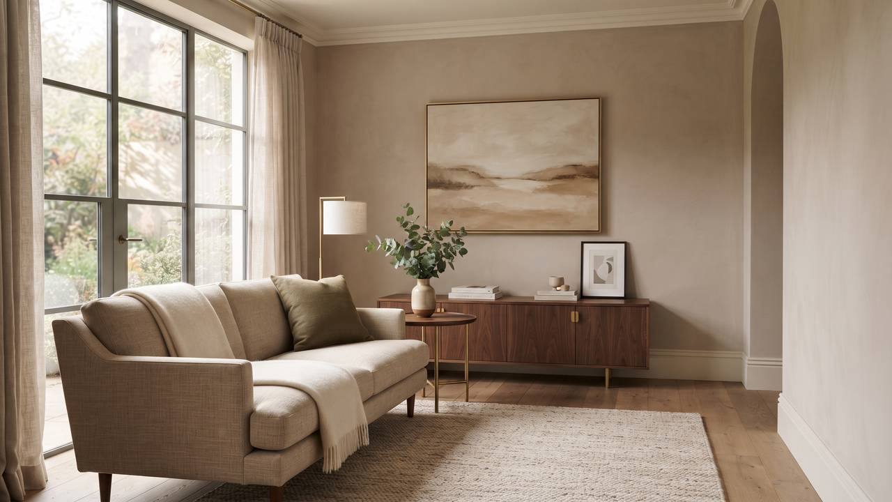 Living room with warm taupe painted walls, a cream sofa, and a walnut sideboard