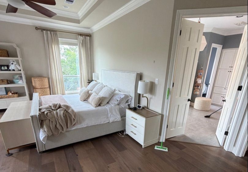 Before and after photo of a master bedroom repainted by Hill Country Painting in Austin, TX
