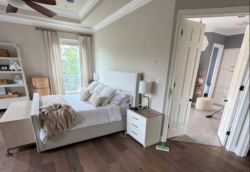 Before and after photo of a master bedroom repainted by Hill Country Painting in Austin, TX