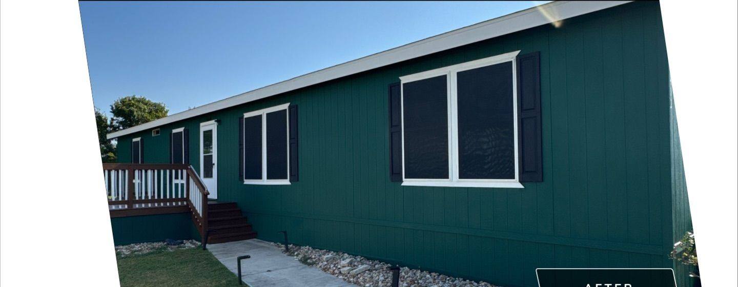 Before and after photo of a house exterior repainted by Hill Country Painting in Georgetown, TX