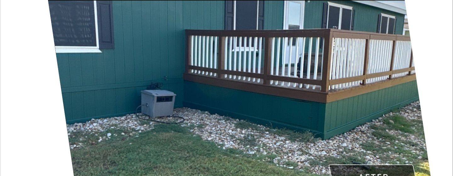 Before and after photo of a house exterior and deck skirting repainted by Hill Country Painting in Georgetown, TX