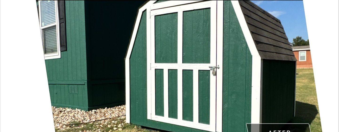 Before and after photo of a shed repainted by Hill Country Painting in Georgetown, TX