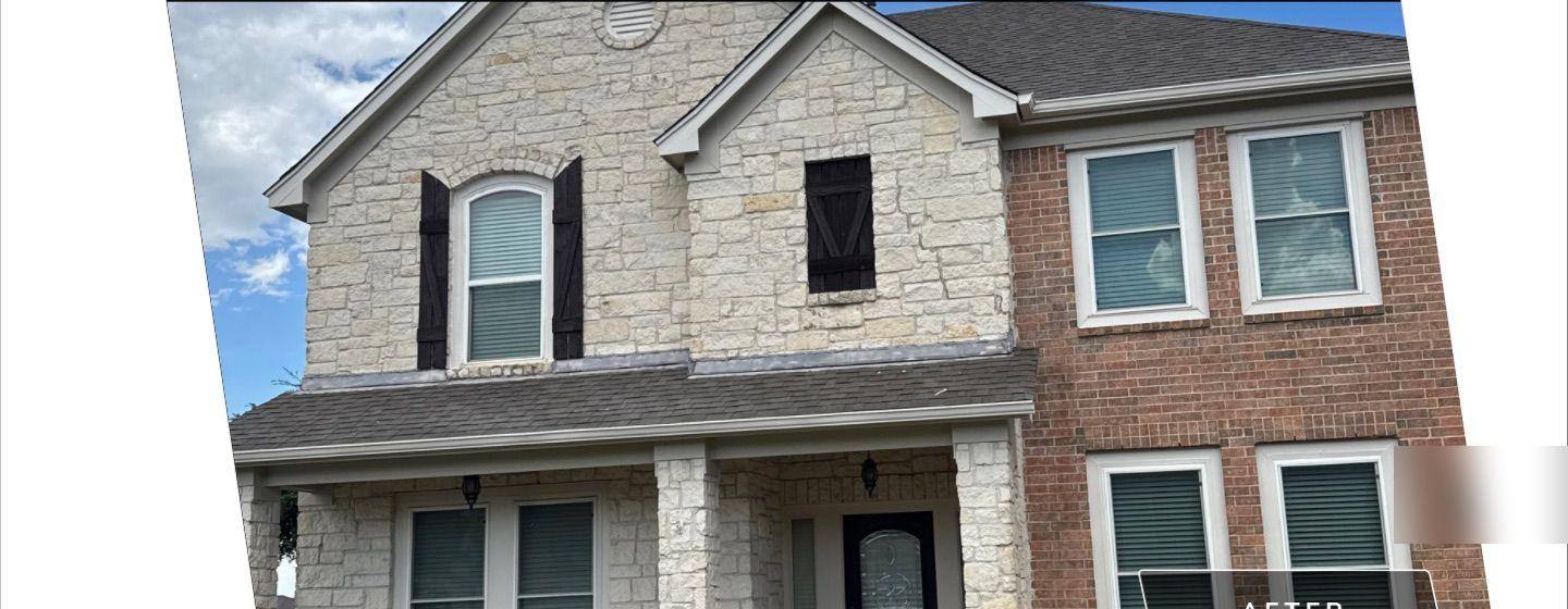 Before and after photo of a house exterior repainted by Hill Country Painting in Hutto, TX