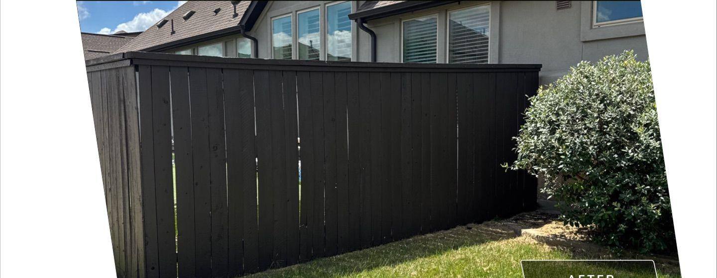 Before and after photo of a wood fence restained by Hill Country Painting in Leander, TX