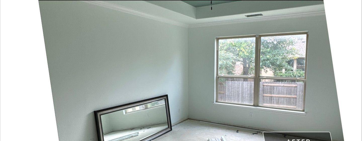 Before and after photo of a bedroom painted by Hill Country Painting in Leander, TX
