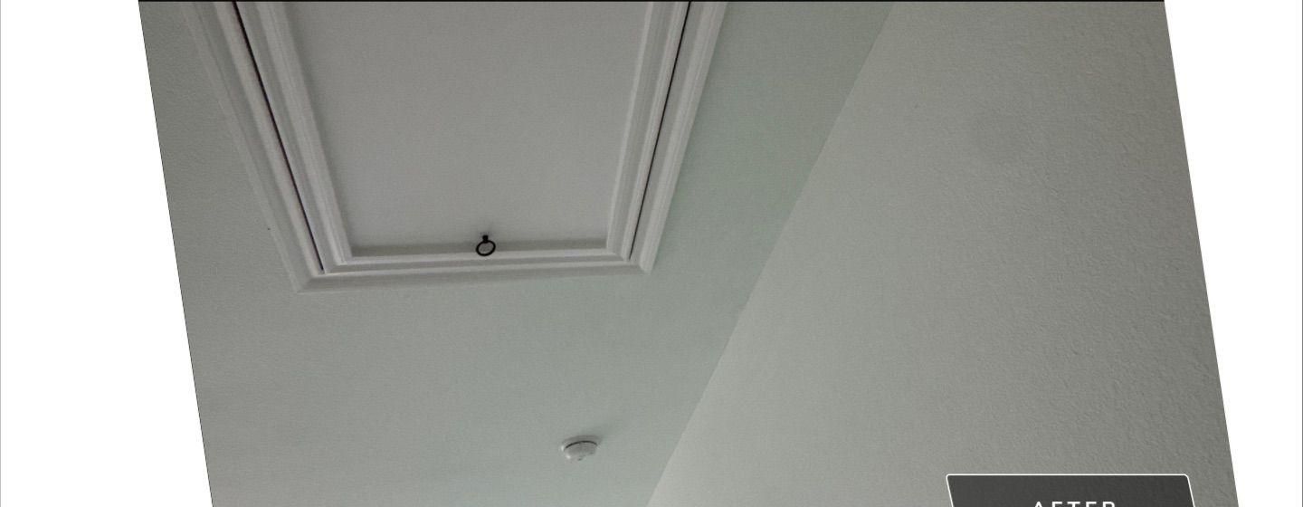 Before and after photo of a ceiling drywall repair by Hill Country Painting in Leander, TX