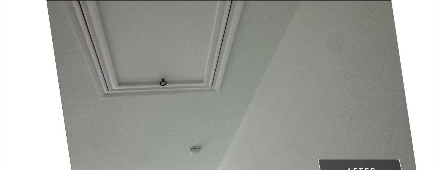 Before and after photo of a ceiling drywall repair by Hill Country Painting in Leander, TX