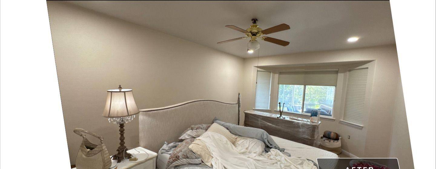 Before and after photo of a bedroom painted by Hill Country Painting in Georgetown, TX