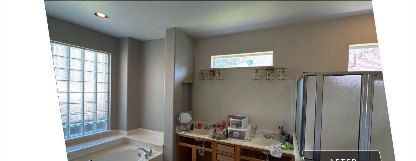 Before and after photo of a master bathroom painted by Hill Country Painting in Georgetown, TX