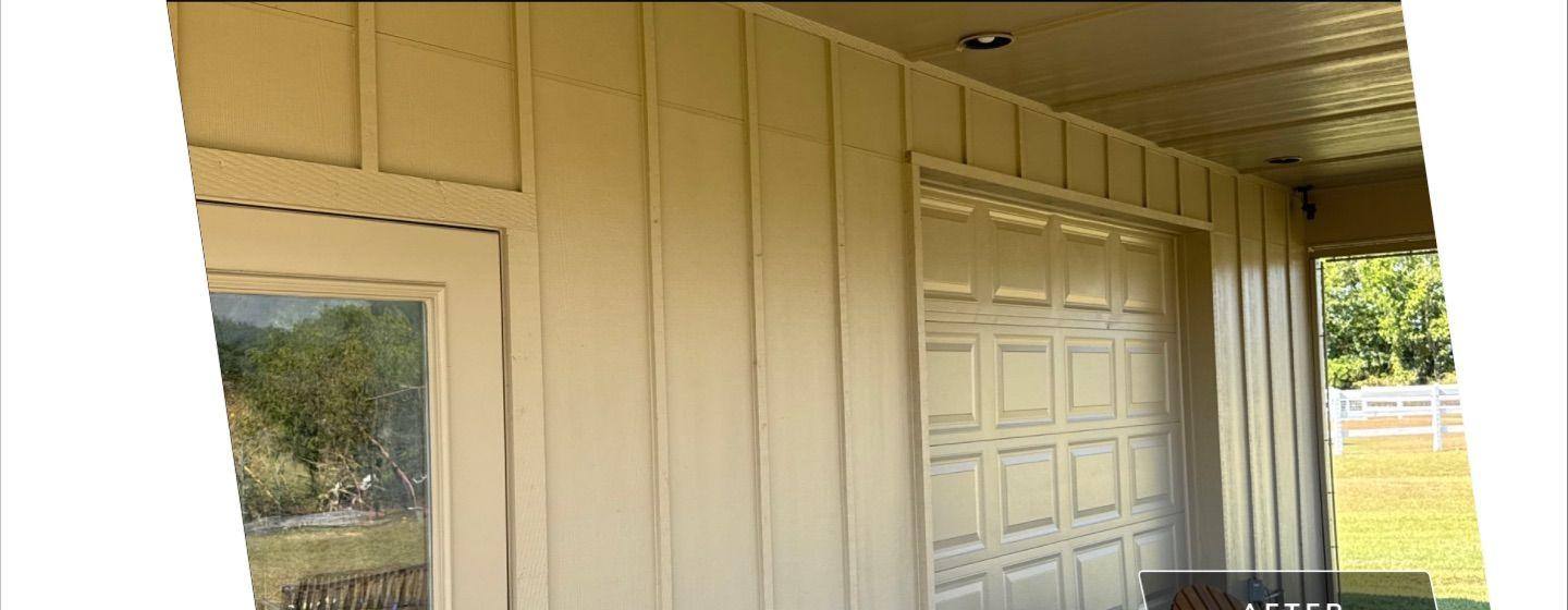 Before and after photo of a garage door painted by Hill Country Painting in Georgetown, TX
