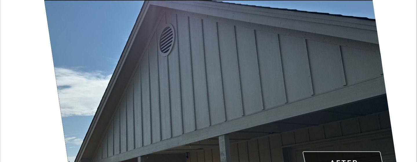 Before and after photo of a detached garage building painted by Hill Country Painting in Georgetown, TX