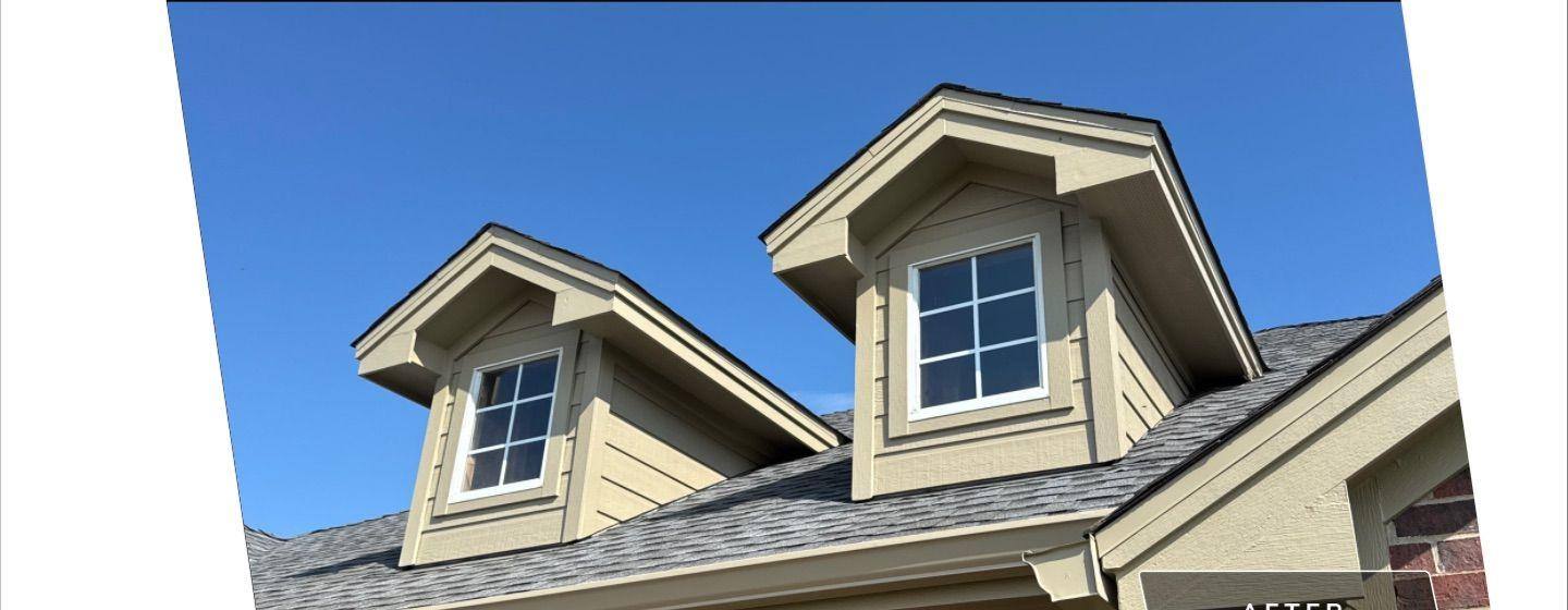 Before and after photo of a dormer window painted by Hill Country Painting in Georgetown, TX