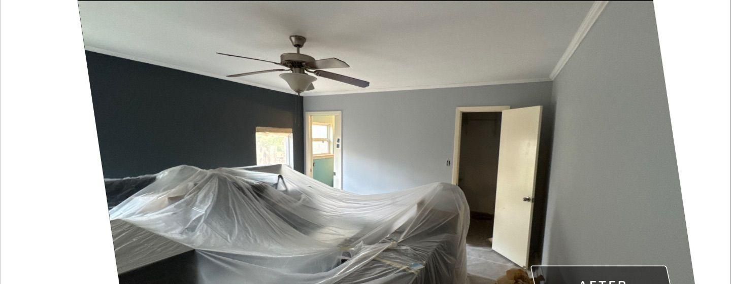 Before and after photo of a primary bedroom painted by Hill Country Painting in Austin, TX