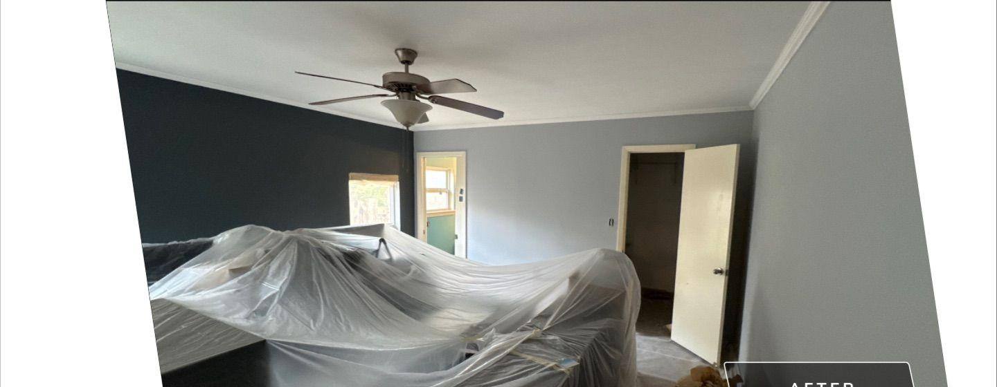 Before and after photo of a primary bedroom painted by Hill Country Painting in Austin, TX