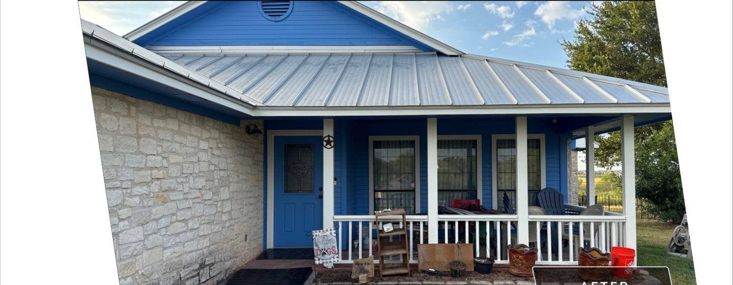 Before and after photo of a house exterior painted by Hill Country Painting in Hutto, TX