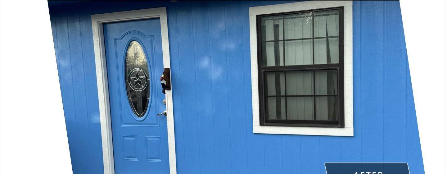 Before and after photo of a side door painted by Hill Country Painting in Hutto, TX