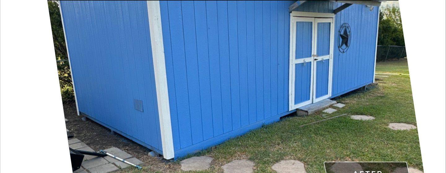 Before and after photo of a shed painted by Hill Country Painting in Hutto, TX