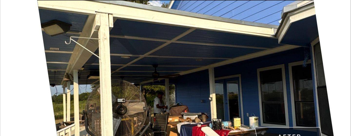 Before and after photo of a porch ceiling painted by Hill Country Painting in Hutto, TX