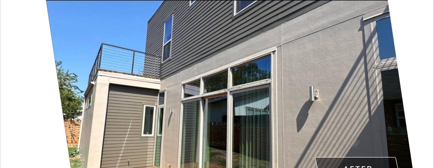 Before and after photo of a rooftop deck exterior painted by Hill Country Painting in Austin, TX