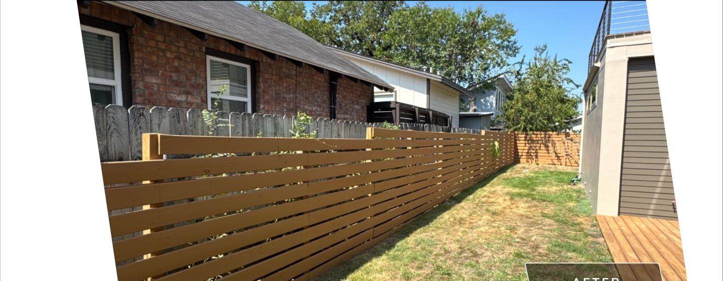 Before and after photo of a fence restained by Hill Country Painting in Austin, TX