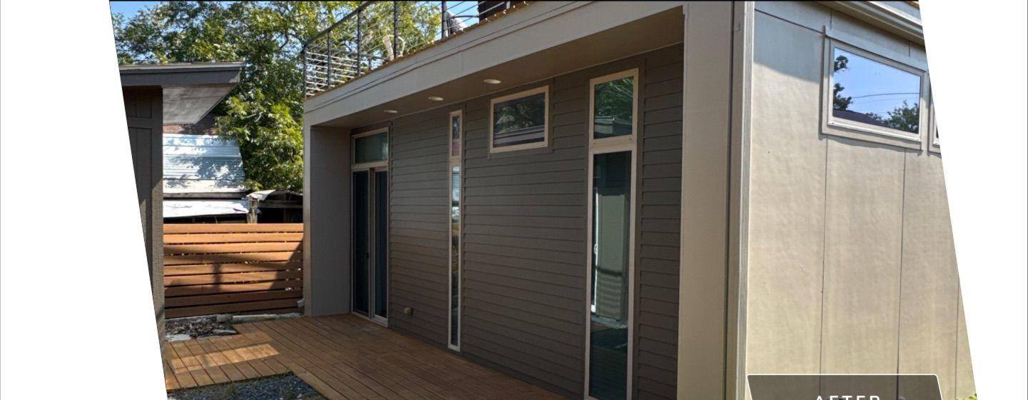 Before and after photo of a back patio painted by Hill Country Painting in Austin, TX