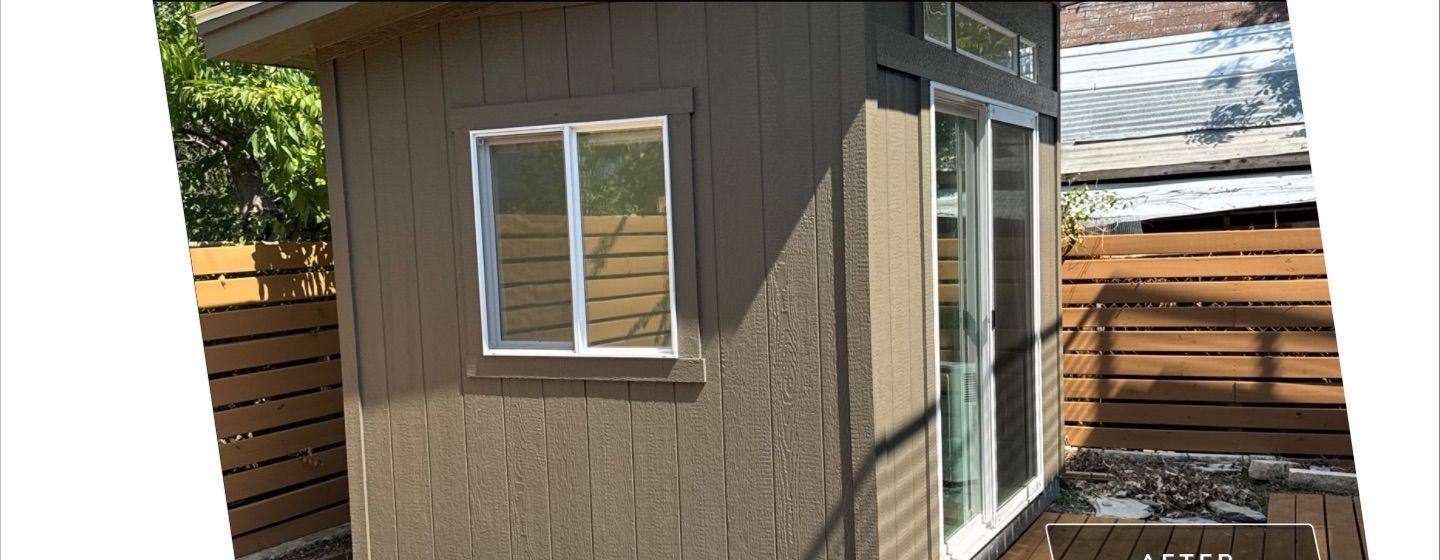 Before and after photo of a shed painted by Hill Country Painting in Austin, TX