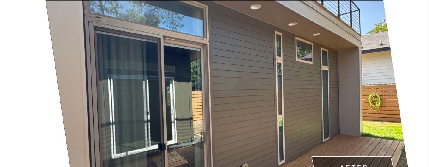 Before and after photo of a back exterior painted by Hill Country Painting in Austin, TX